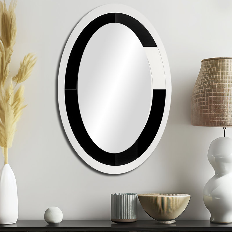 Bauhaus Black And White Circular Minimalism I - Black Oval Wall Mirror Decor, 36" x 24"