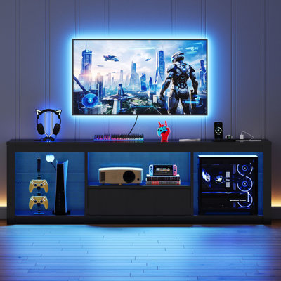 70" Black Gaming TV Stand with LED Lights & Power Outlets, Carbon Fiber Textured Gaming Entertainment Center with Drawer
