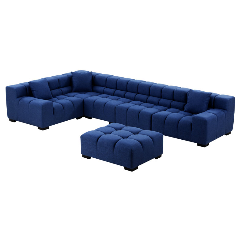 Large canapé modulaire de coin avec repose-pieds faisant face à la droite, Orienté à gauche (vu de face), Bleu 100% lin