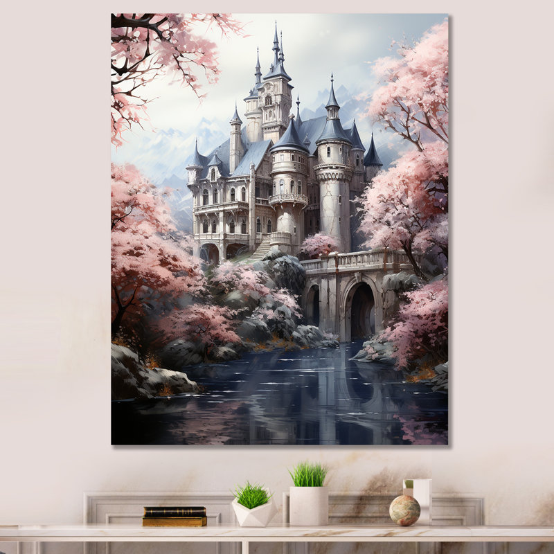 Château de conte de fées rose et gris - Art mural fantastique, Toile tendue, H 20 po x l 12 po