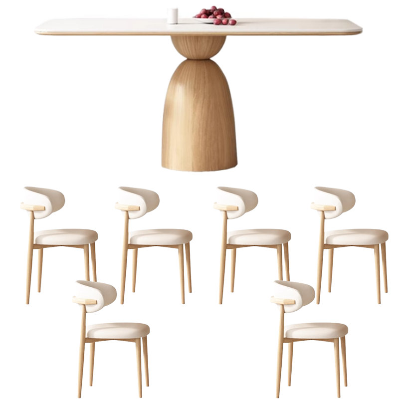 Cream Oak Rectangular Rock-Plate Table Chair Set 6 - Person Pedestal Dining Set, 29.5"H x 70.8"L x 35.4"W