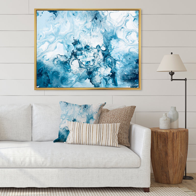 «Blue and White», peinture sur toile, Cadre flottant doré, H 16 po x l 32 po
