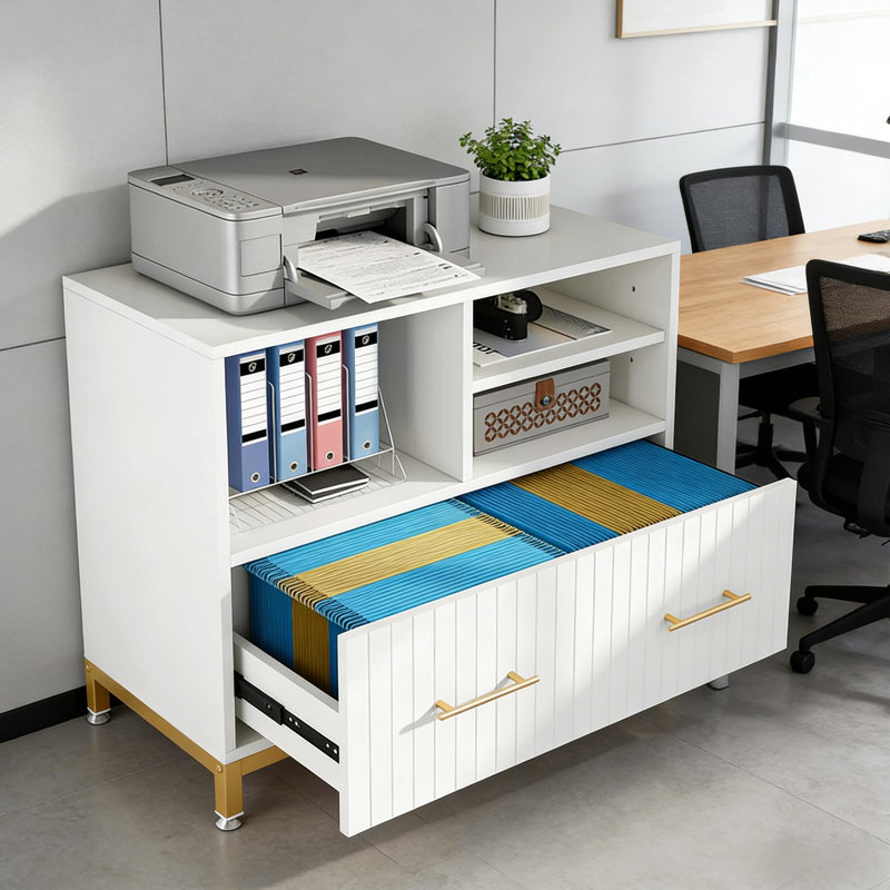 Classeur polyvalent avec tiroir, étagère ouverte et surface supérieure, pour bureau Essentials, métal doré E1, profondeur de 36,24 pouces, largeur de 15,99 po, tringle à hauteur réglable pratique de 30,91 po, 3