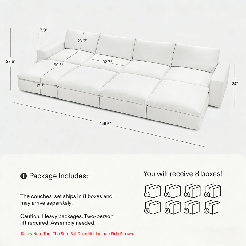 146.5" Modular Sectional Cloud Sofa with Extra-Deep 4-Seat and 4 Storage Ottomans for Living Room