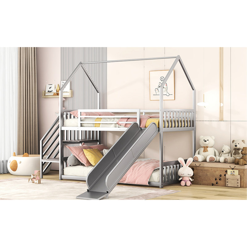Lit simple superposé avec escalier et glissade - Métal argenté pour optimiser l'espace dans la chambre à coucher