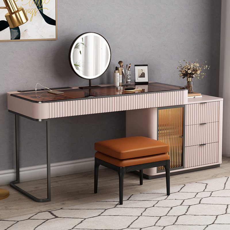 Dressing Table with Mirror, Pale Pink//Grey, 47" W x 23" D x 29.5" H