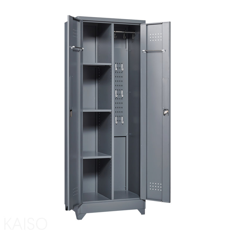 Broom Storage Cabinet With Locking Doors And Shelves, 65" H Metal Storage Cabinet With Hanging Rod & S-Hooks, Cleaning Tool Storage Cabinet Grey