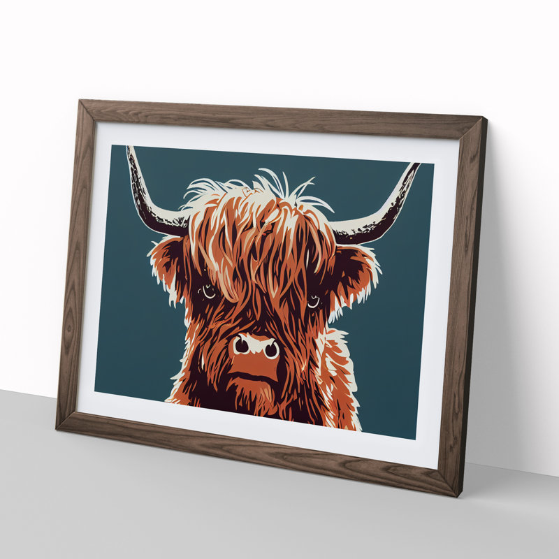 Groovy Highland Cow - Single Picture Frame Print, 34cm H x 46cm W x 2cm D, Walnut Framed