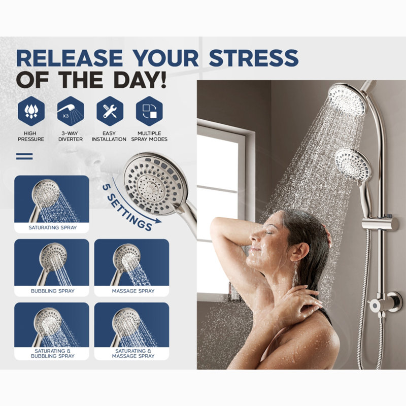 5-Function Handheld Shower & Rainfall Combo – 5" Adjustable Shower Head With 27.5" No-Drill Stainless Steel Slide Bar & 5Ft Hose