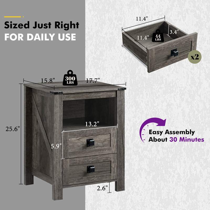 18" Farmhouse Nightstand Set with 2 Drawers & Open Shelf,Gray, Gray