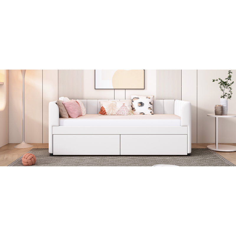 Lit de jour simple beige avec 2 tiroirs et support dorsal ergonomique - Tête de lit à rayures classique pour une chambre à coucher élégante