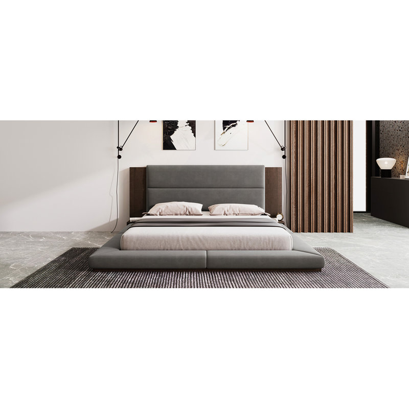 Lit plateforme tapissier de plancher avec tête de lit en bois allongée et tablette de chevet, aucun sommier nécessaire