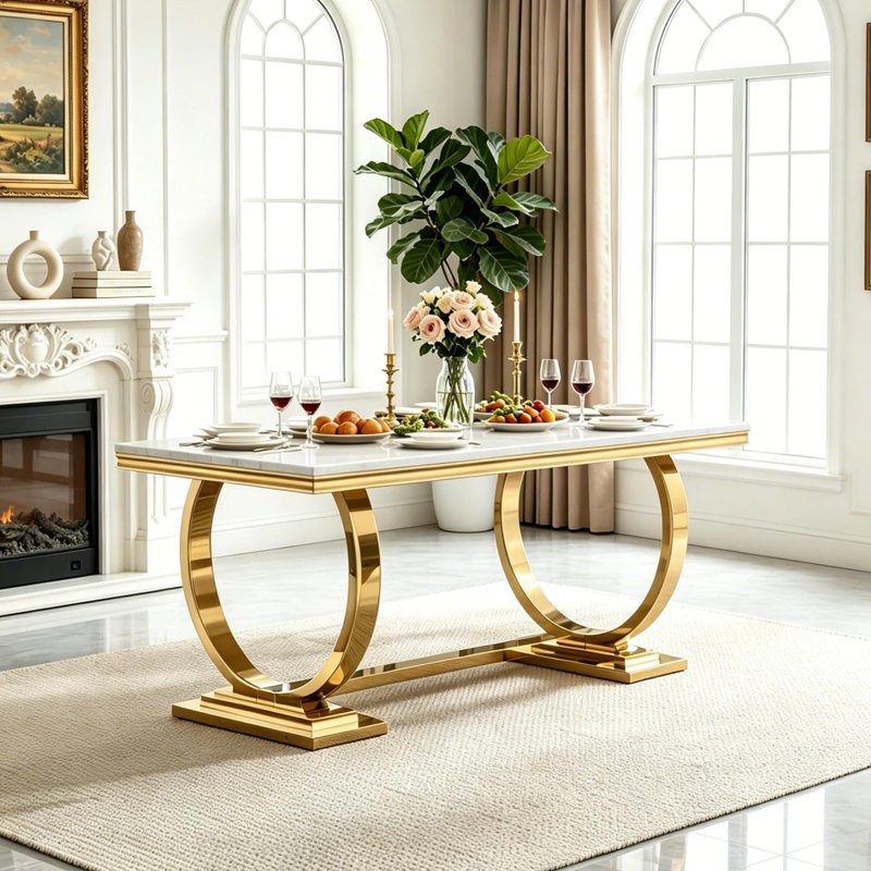 Ensemble de salle à manger moderne de 9 pièces pour 8 personnes, comprenant une table de cuisine de 173 cm (68 po) en faux marbre avec piètement en acier inoxydable doré et 8 chaises en cuir PU.
