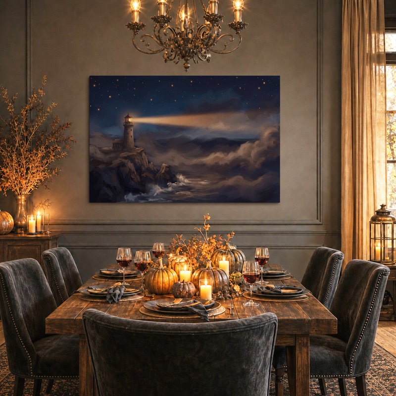 Art mural sur toile, "Phare à poutre sur la côte rocheuse sous les étoiles", 12"H x 18"W