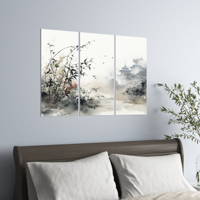 Asian Art Sumi Bird Serenity X III - Ensemble de décorations murales en métal asiatique