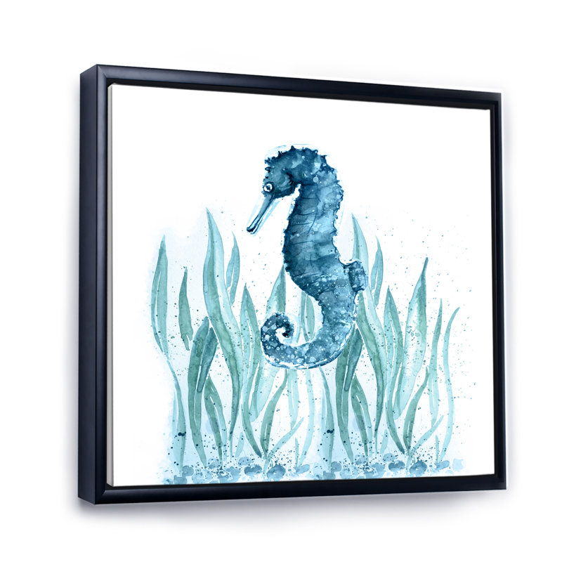 Blue Art Seahorse - on, H 16 po x l 16 po x P 1 po, Toile avec cadre flottant noir