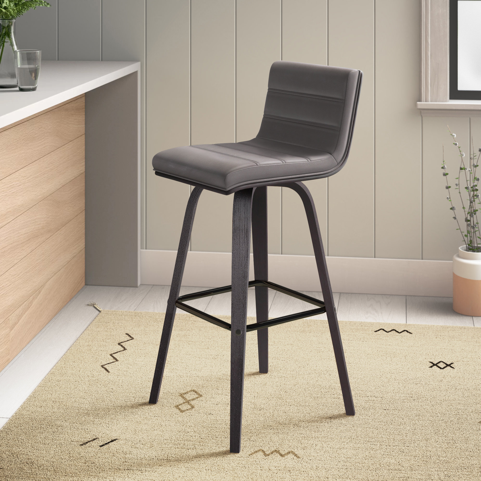 Biance Solid Wood Swivel Bar & Counter Stool, Bar Stool (30" Seat Height), Gray Faux Leather, Black