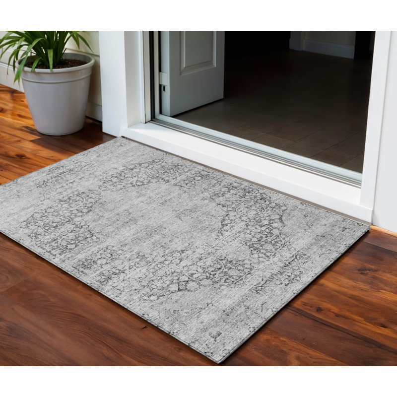 3' X 5' Gray And Ivory Oriental Washable Indoor Outdoor Area Rug