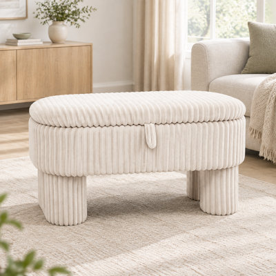 Modern Beige Corduroy Storage Ottoman Upholstered Bench for Bedroom, Living Room, and Entryway