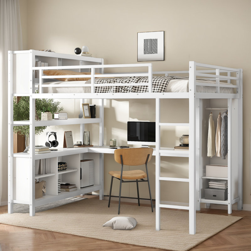 Metal Loft Bed with Wardrobe And L-shaped Desk, Loft Bed with Storage Cubes and Shelves, Heavy Duty Loft Bed for Kids Teens Adults