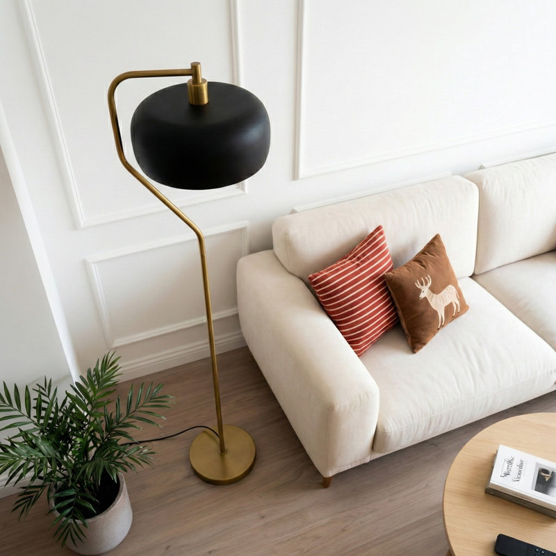 Modern Gold Cantilever Floor Lamp, Curved Swing Arm Standing Lamp with Brown Metal Disc Shade, Adjustable Over Sofa Reading Floor Lamp for Living Room Bedroom Corner