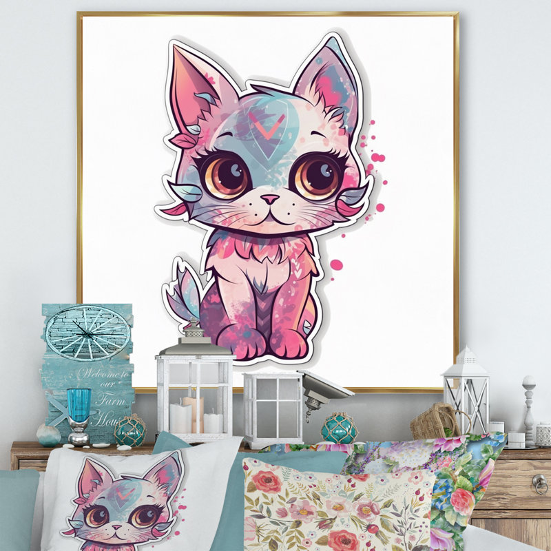 Illustration d'un chat chaton rose sur toile, H 24 po x l 24 po x P 1 po, Cadre flottant doré