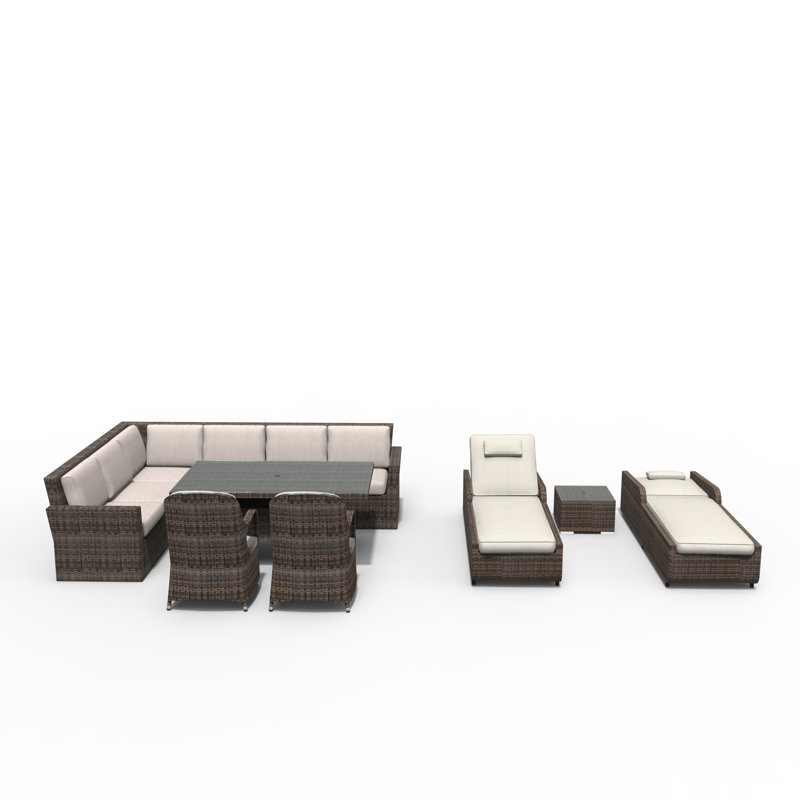Ensemble de conversation modulaire en rotin 10 pièces avec coussins, Beige, Brun