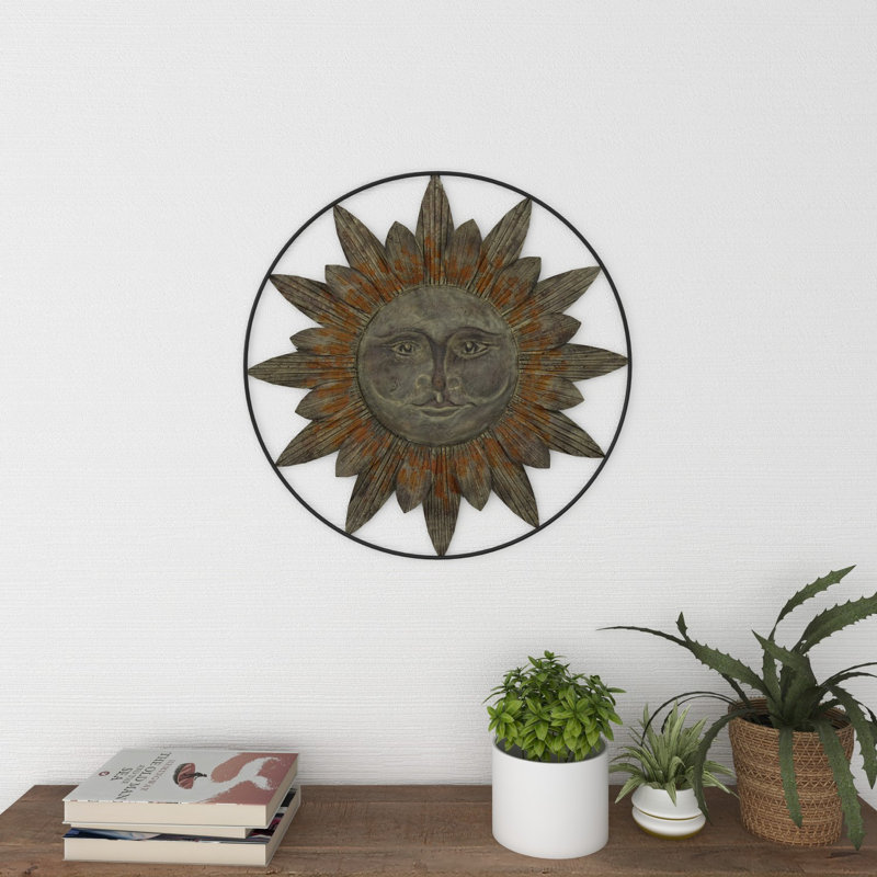 Metal Indoor Outdoor Sun Brown Wall Decor with Distressed Copper Like Finish