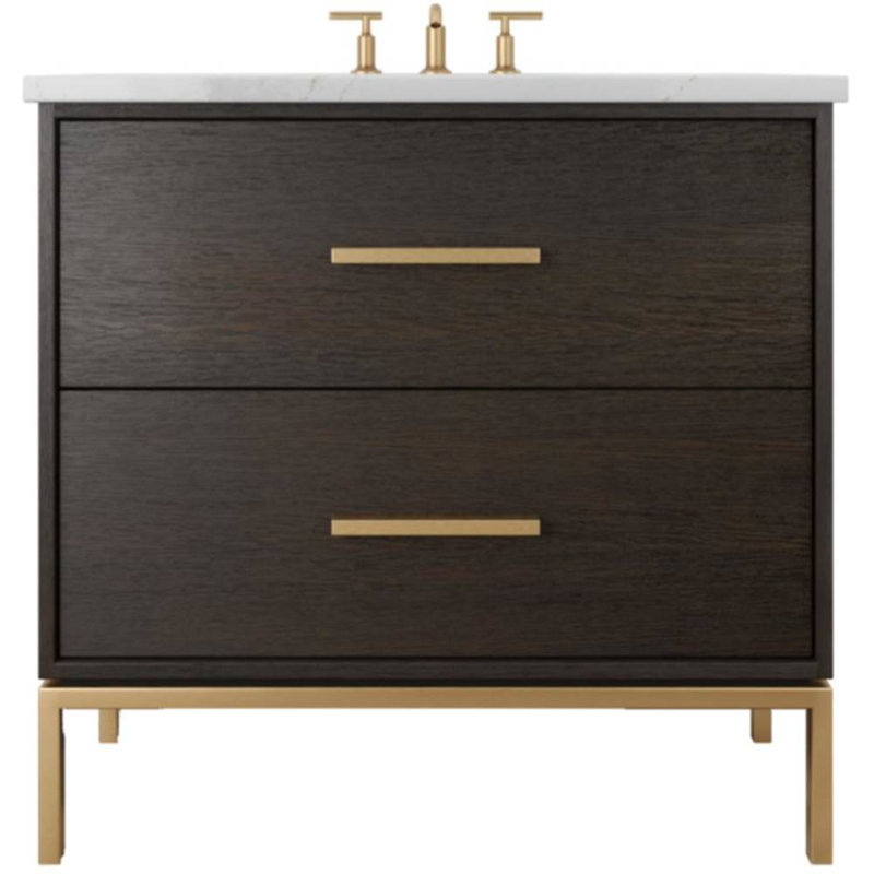 Rift White Oak Two-Drawer Single Bath Vanity, Rich Brown, Satin Gold, 30"