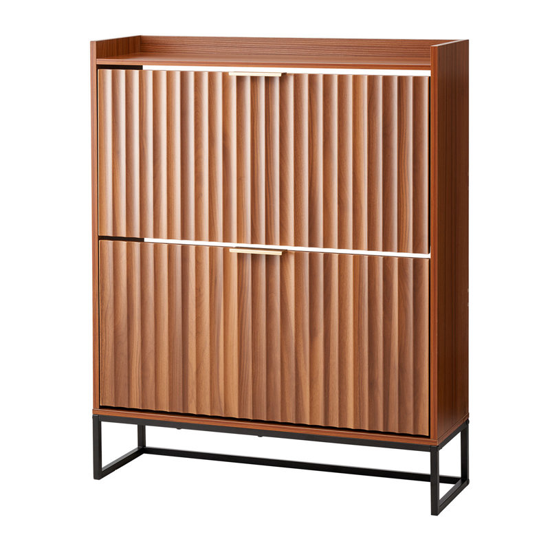 Shoe Cabinet With 2 Flip Drawers, Mid-Century Shoes Storage Cabinet With Anti-Tipping Device, Freestanding Fluted Shoe Organizer
