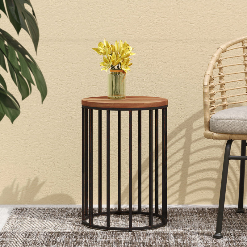 Table d'appoint d'extérieur cylindrique avec plateau rond en bois massif et structure en métal