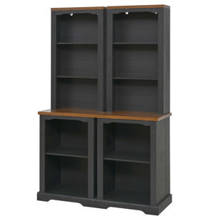 Two-Piece Elegant Freestanding Tall Cabinet With Fully Open Storage, Walnut Element Bookshelves With Curved Design, Stylish Display Bookcase With Anti-Tip Device For Living Room