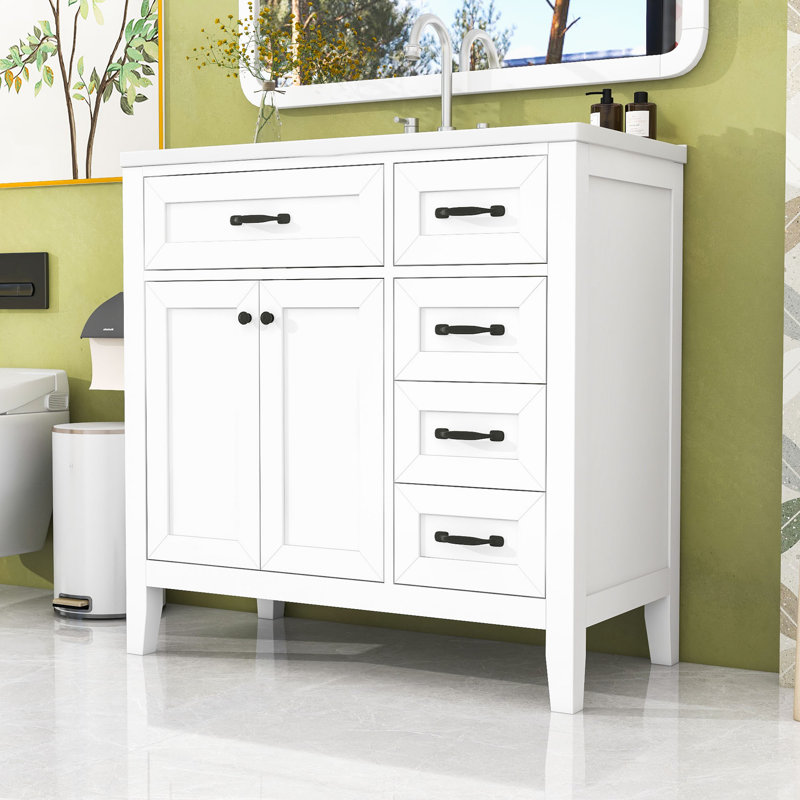 Meuble-lavabo sur pied simple 36 po avec plateau en céramique Nourah, Blanc