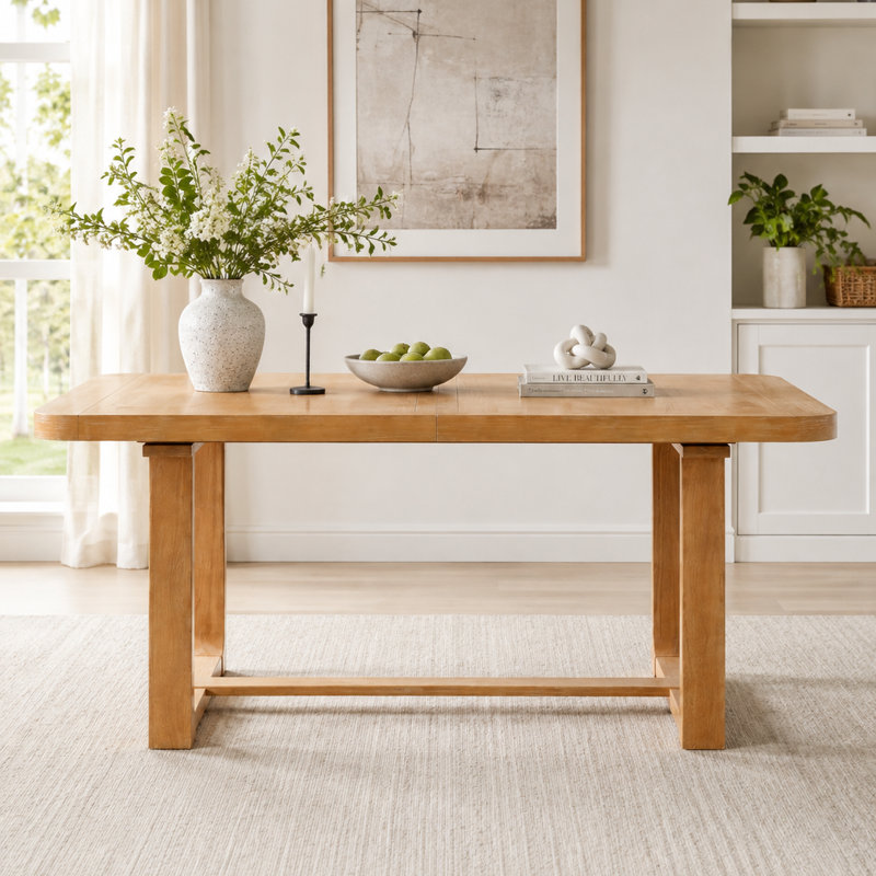 Table de salle à manger extensible UNAROZ en bois massif avec rallonge amovible et coins arrondis