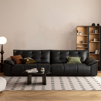 106.30"Modern Minimalist Multi-Seat Sofa with Top-Grain Leather Contact Surface, Black Upholstery for Living RoomLoveseat