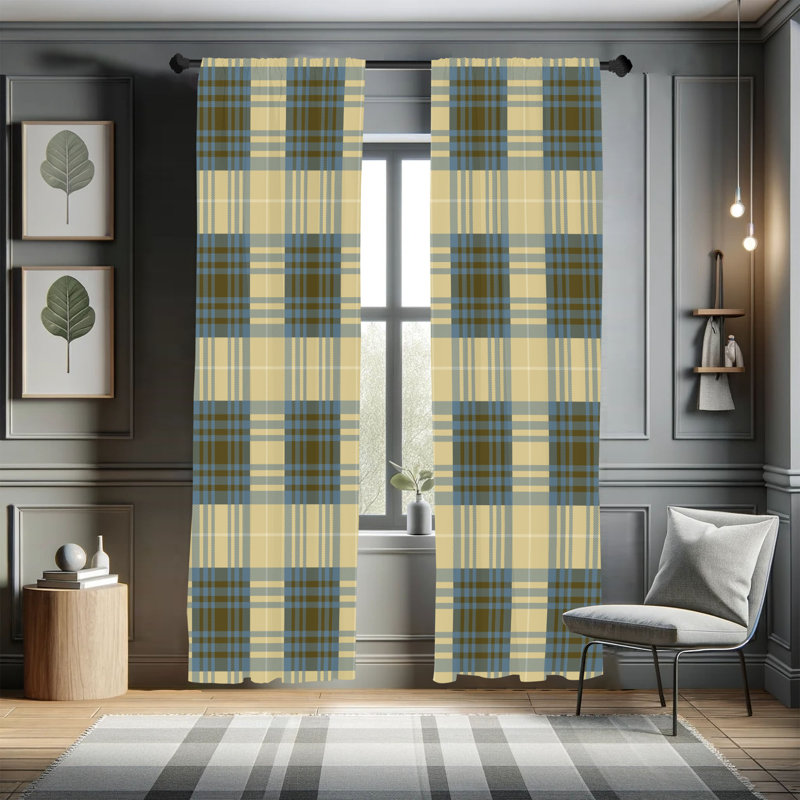  Checkered Curtains, Plaid Tartan English Tile, Pale Camel, 56" W x 63" L