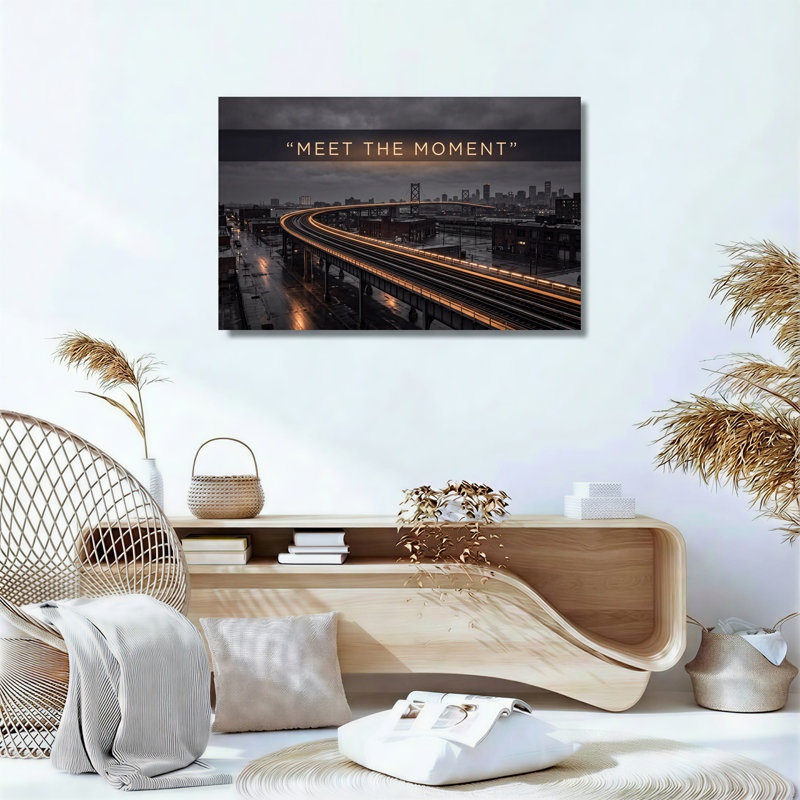 «Golden Light Trails On Curved Highway Over City Skyline», art mural sur toile, H 16 po x l 24 po