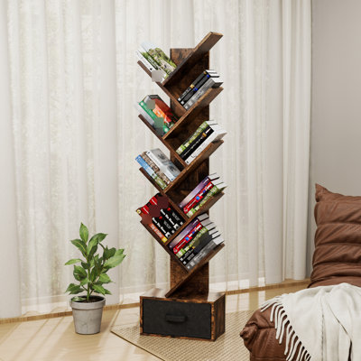 Bibliothèque rustique brune avec tablettes à 9 niveaux et tiroir, attrait classique pour les tablettes de la maison