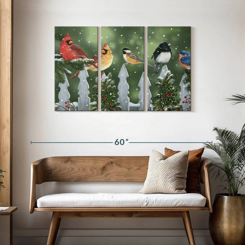 Oiseaux d'hiver Brampt sur une clôture enneigée, H 28 po x l 45 po