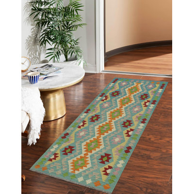 Kemariyah Geometric Handmade Hand-Woven Runner 2'8'' x 6'5'' Wool Area Rug in Blue/Green/Organe