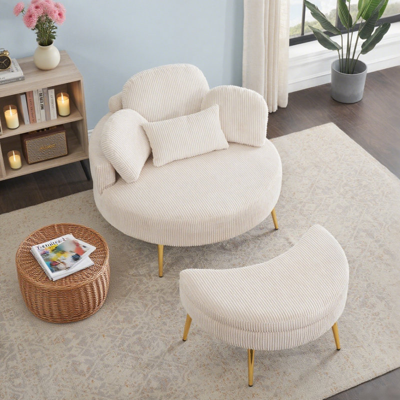 Chaise d'appoint ronde en velours côtelé avec appui-tête réglable, coussins décoratifs et repose-pieds - Canapé-lit convertible pour petits espaces