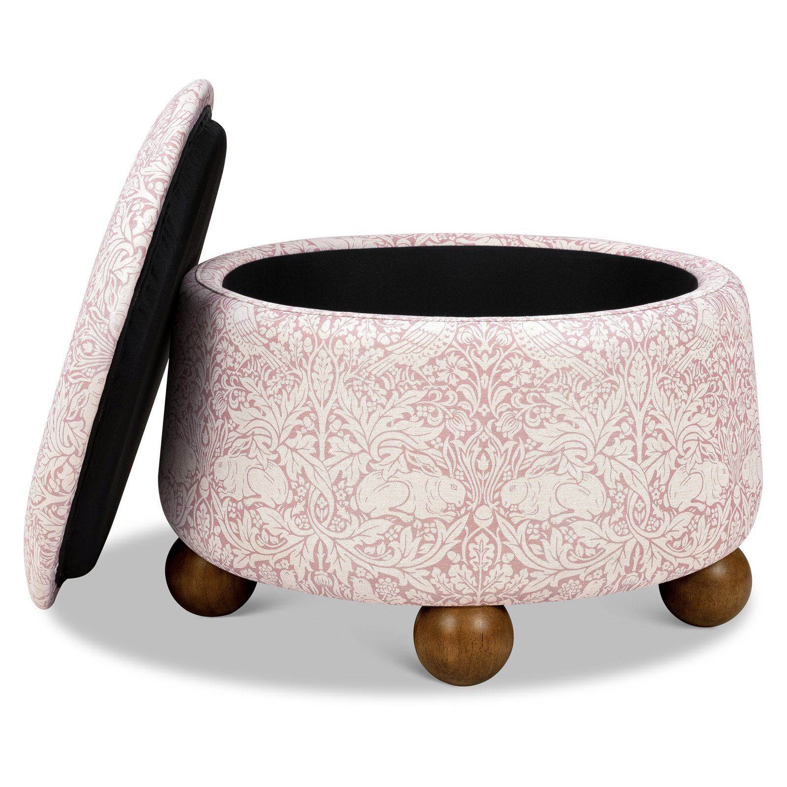 Morris & Co. Tuffet 28" Ottoman, Pure Brer Rabbit in Rose w/Dark Wood Ball Feet