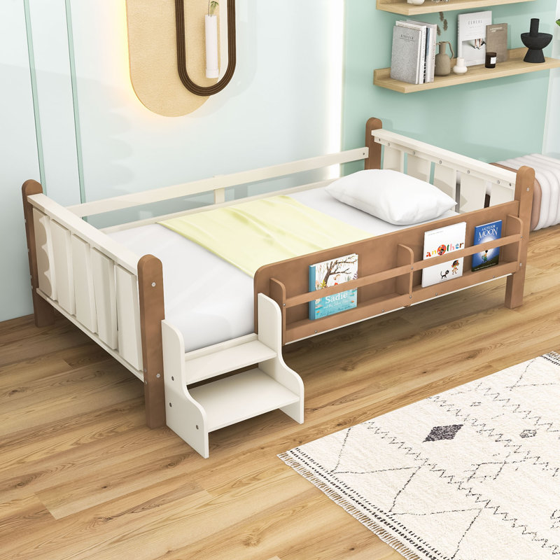 Lit en bois avec bibliothèques de rangement, Beige, Lit simple