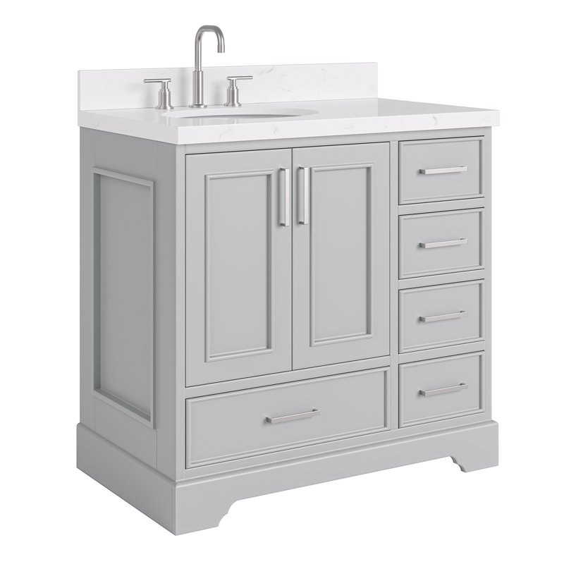 36.25'' Single Bathroom Vanity with Carrara Quartz Top, Gray