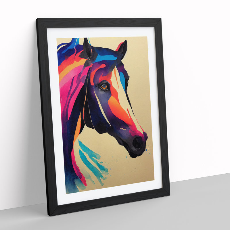 Horse Watercolour No.4 Abstract 1 Piece Single Picture Frame Painting, 34cm H x 25cm W x 2cm D, Black