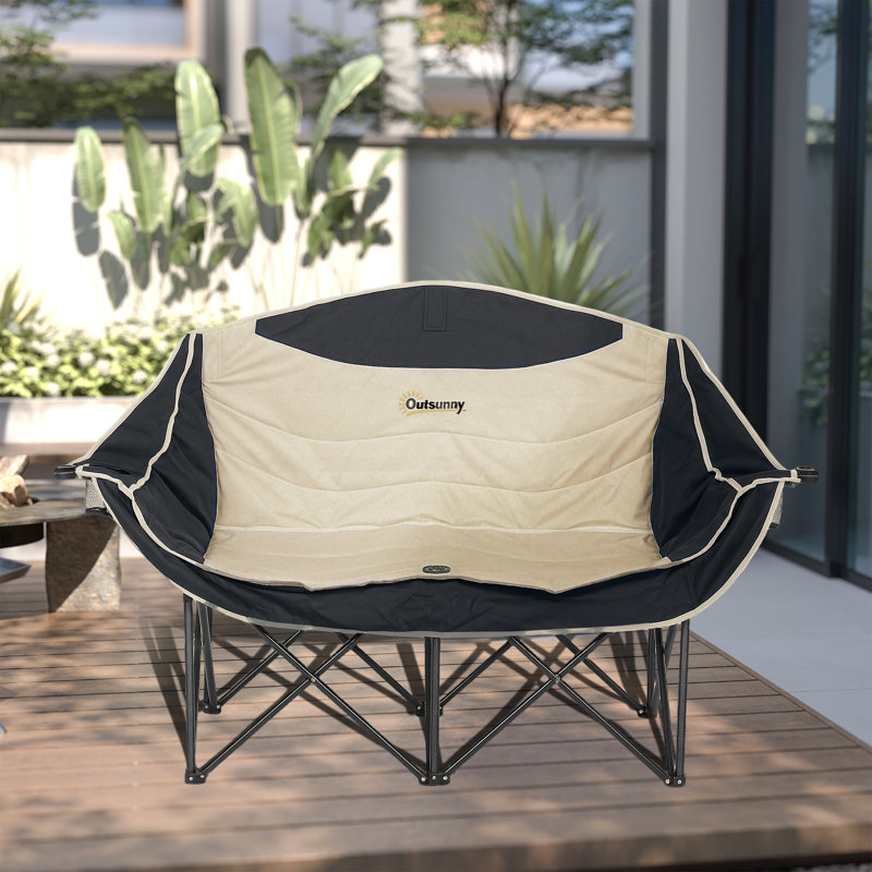 Double Camping Chair, Padded Camp Chair w/ Cup Holders, Khaki