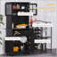 Élégant buffet avec huche, armoire de rangement spacieuse pour garde-manger, tablettes réglables, espace pour micro-ondes, noir