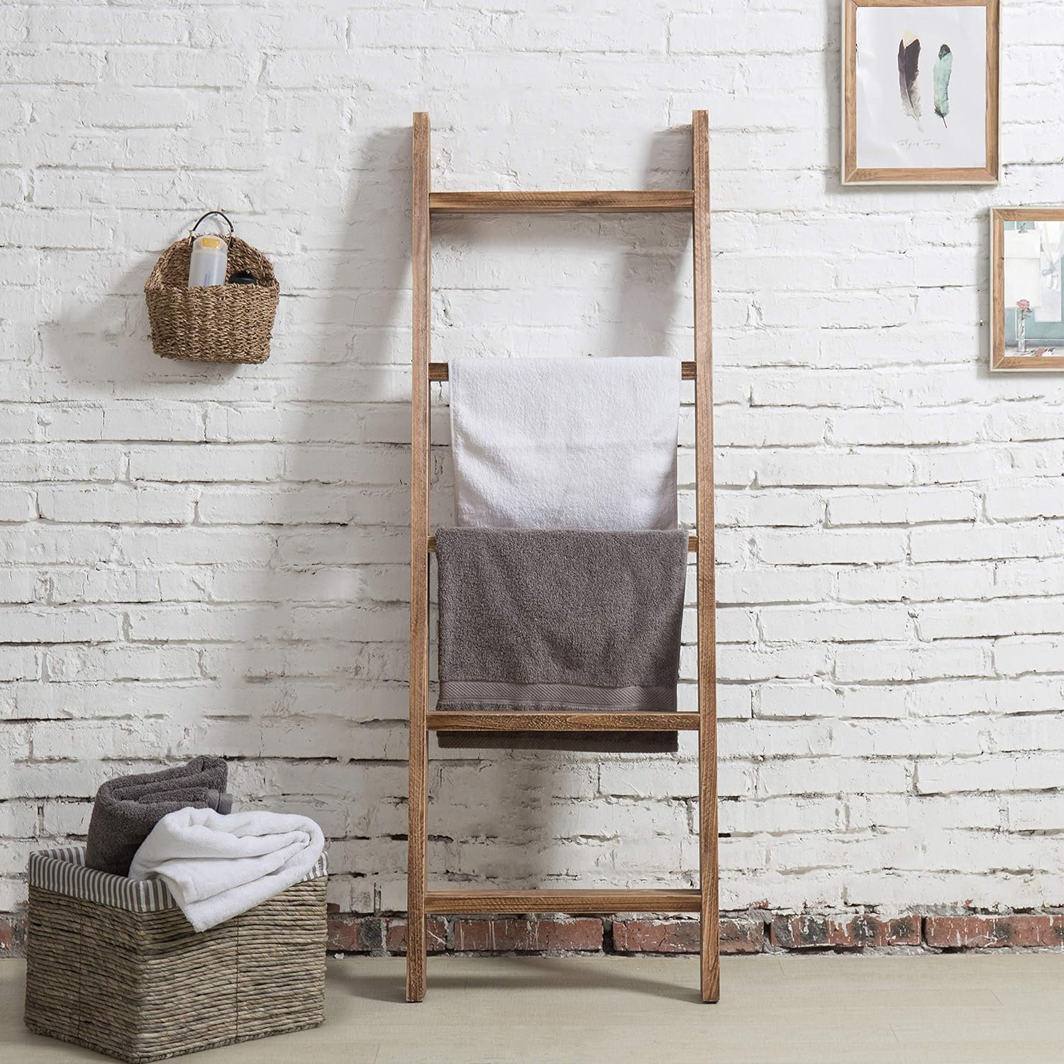 Gracie Oaks Rustic Brown Wood Blanket Ladder Farmhouse Shelf, Wall Leaning Towel Rack With 5