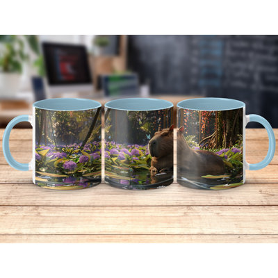 Set of 4 Animal Design 11oz Accent Mugs – Ceramic Coffee Cups with a Light Blue Handle and Interior