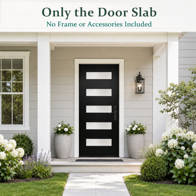 36" x 80" Contemporary 5-Lite Fiberglass Front Entry Door Slab with Frosted Glass, Left-Hand Inswing, Black, Slab Only